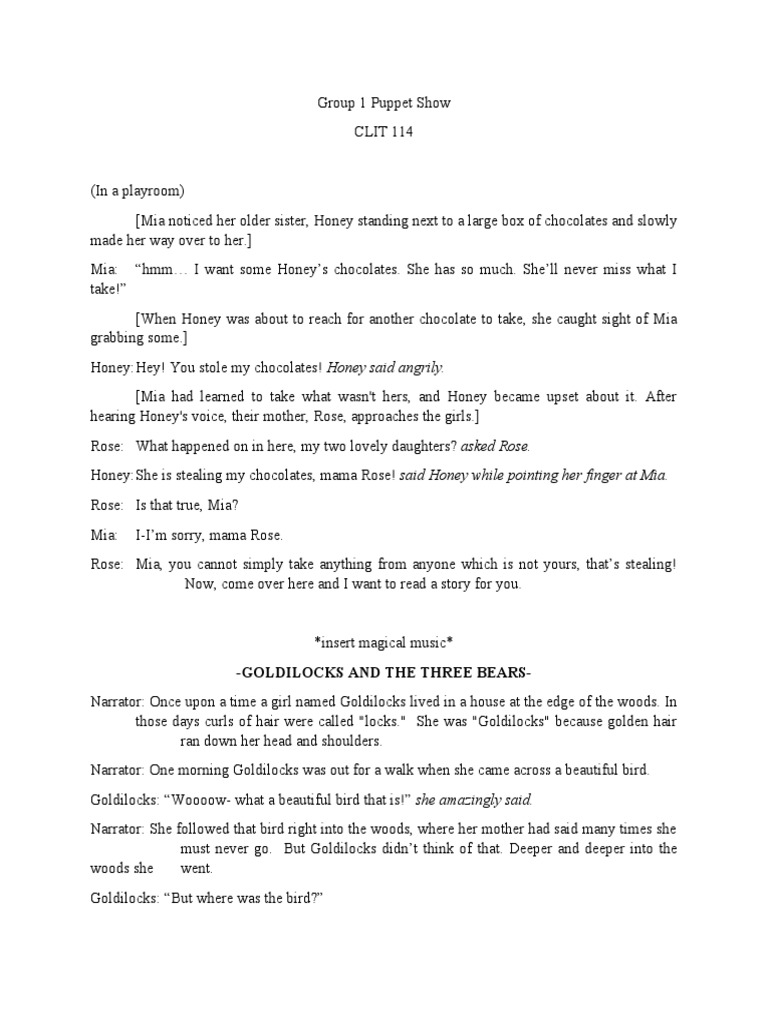 Puppet Show Script Group 1 PDF Goldilocks And The Three Bears