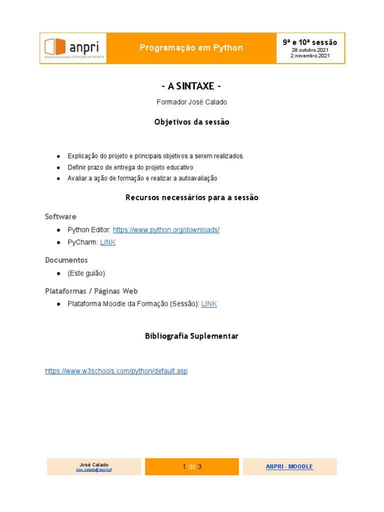 Projeto Educativo em Python: 9ª e 10ª Sessão | PDF | Python (linguagem ...