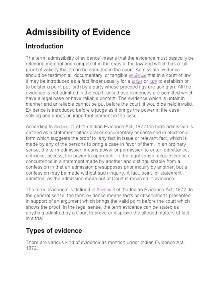 Admissibility of Evidence in Court | PDF | Evidence (Law) | Admissible ...