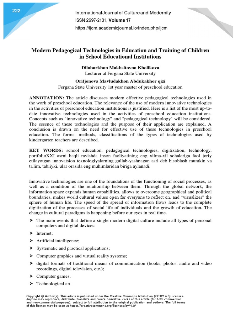 Modern Pedagogical Technologies in Education and Training of Children