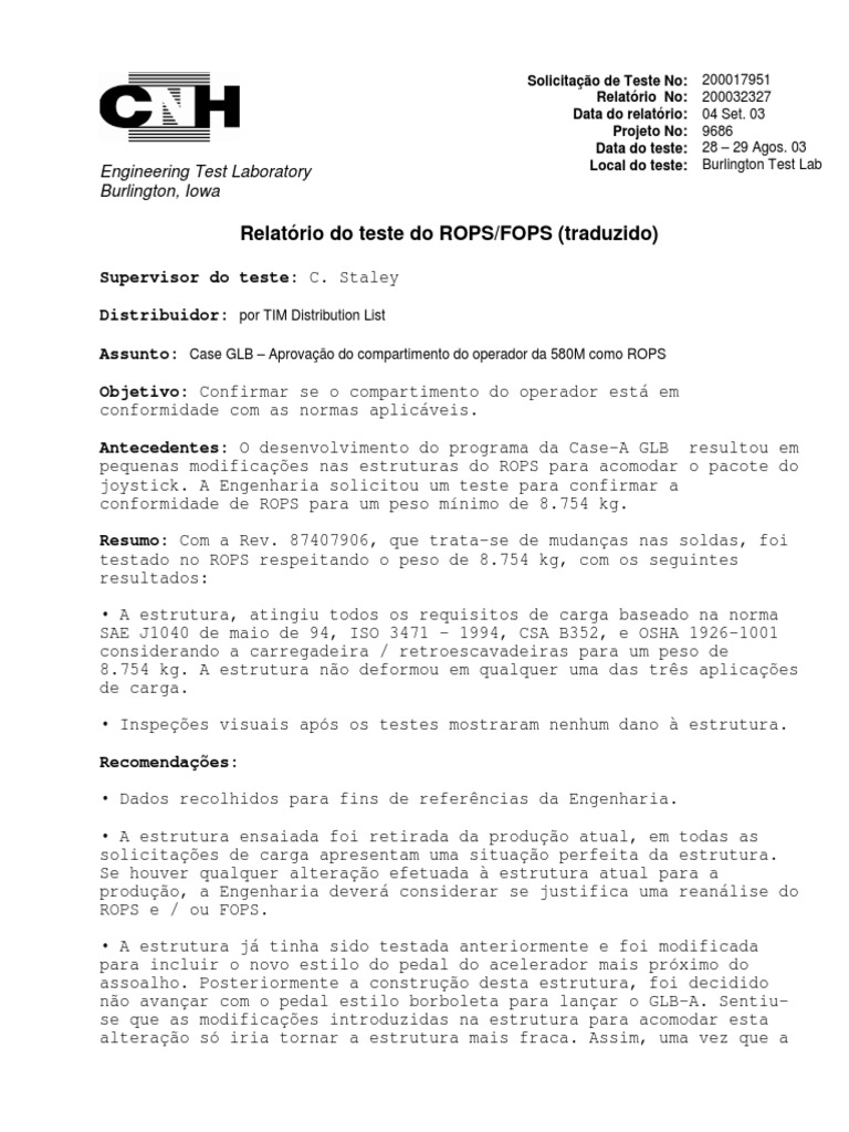 Relatório de teste de conformidade do ROPS/FOPS para a cabine do ...