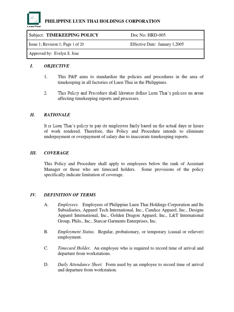 Timekeeping Policy PDF Overtime Workweek And Weekend