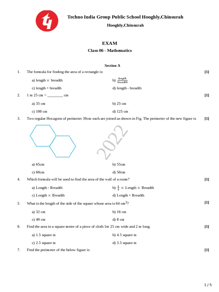 Question Paper Class 6 PDF Area Length