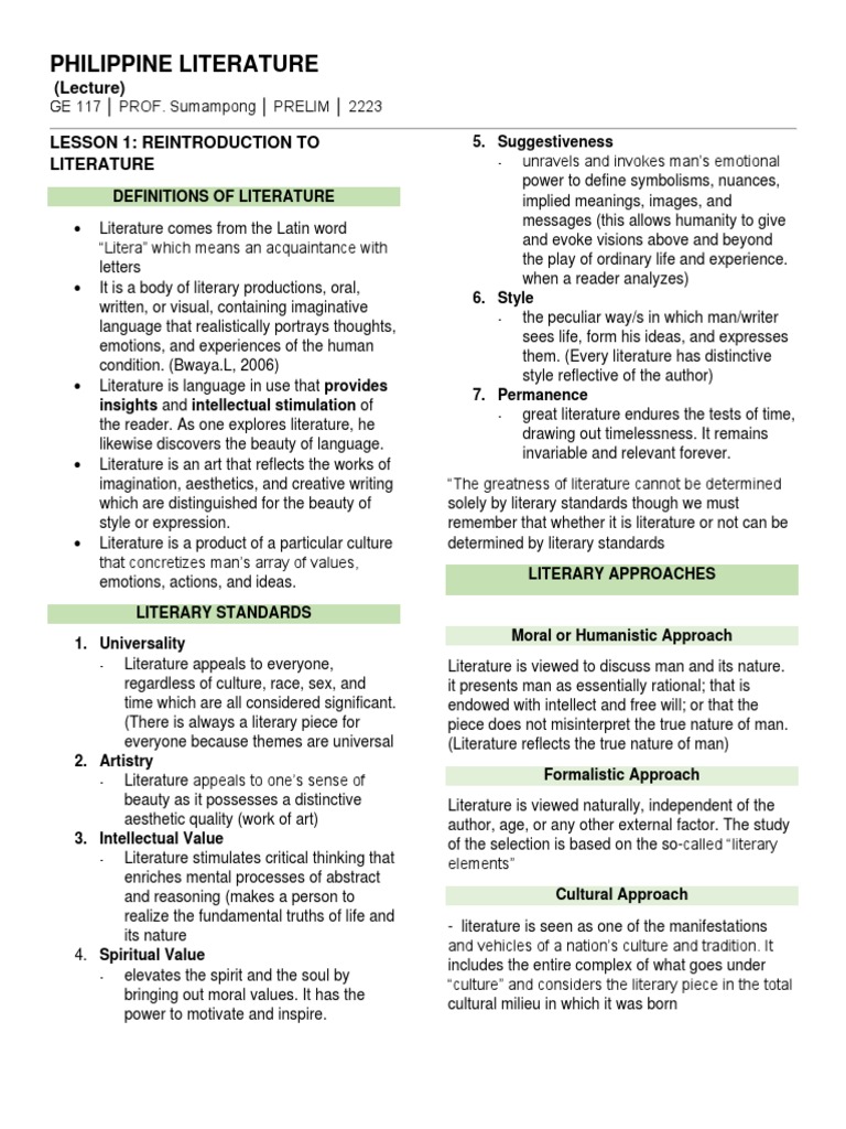 Ge 117 Philippine Literature Prelim Lecture Notes Pdf Tagalog