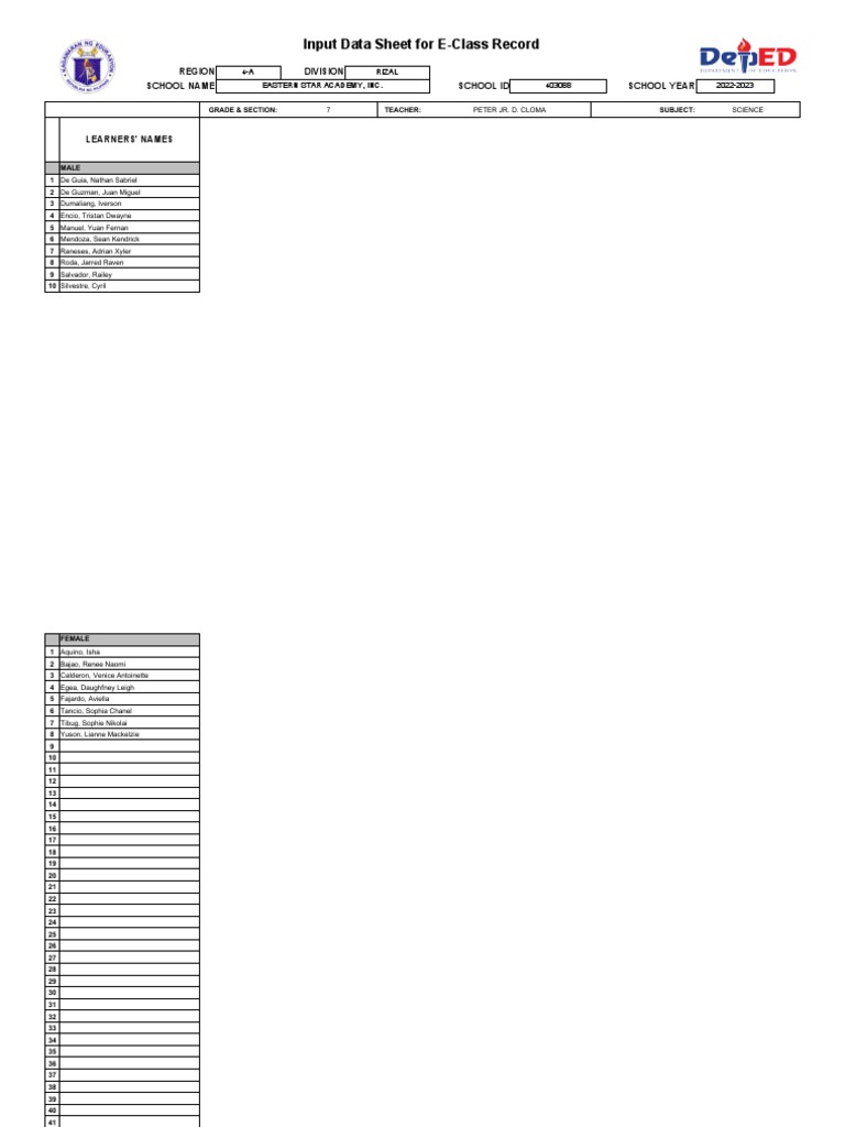 Class Record for Grade 7 Science Students at Eastern Star Academy for
