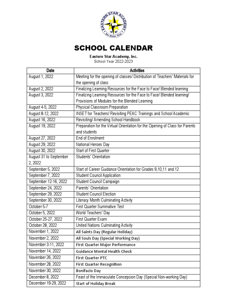 Eastern star academy 2022 2023 school calendar a comprehensive listing