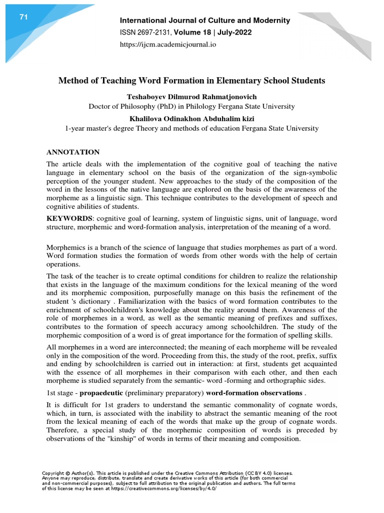 Method of Teaching Word Formation in Elementary School Students PDF