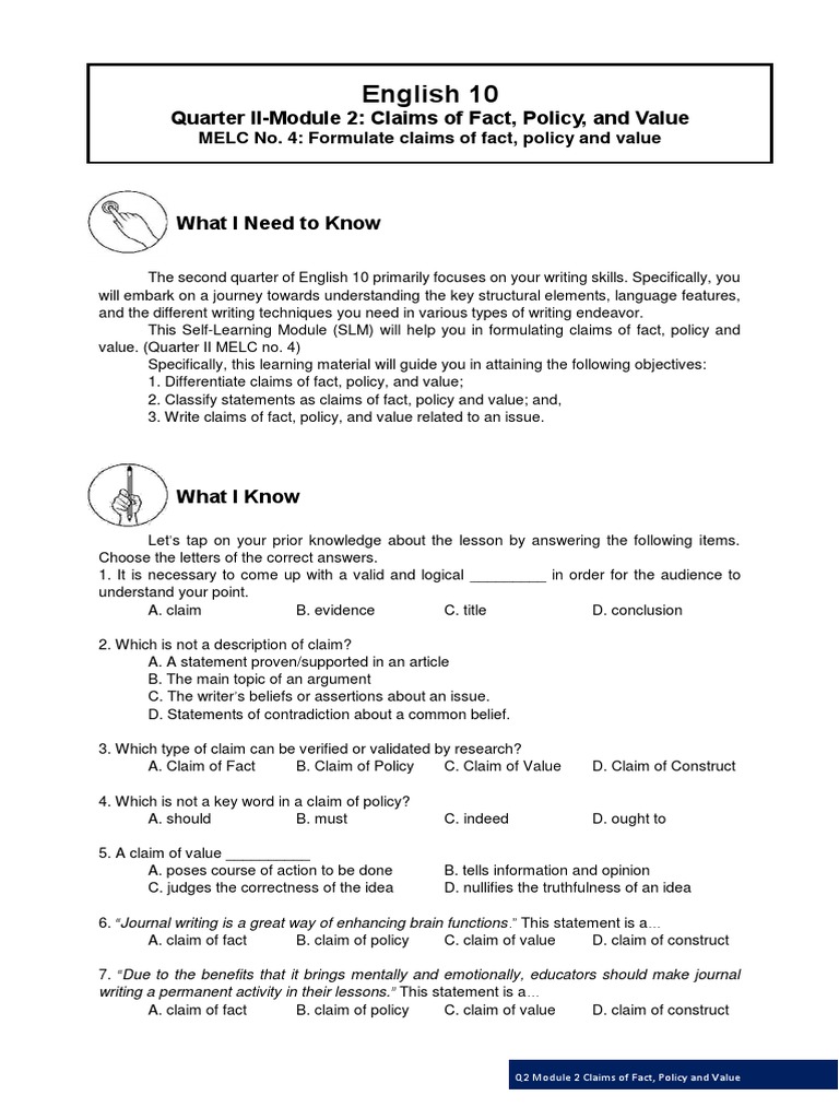Claims of Fact, Policy, and Value Guide | PDF | Argument | Logic