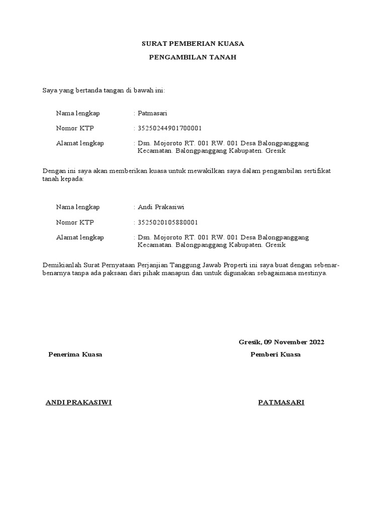 Surat Kuasa Pengambilan Sertifikat Tanah | PDF