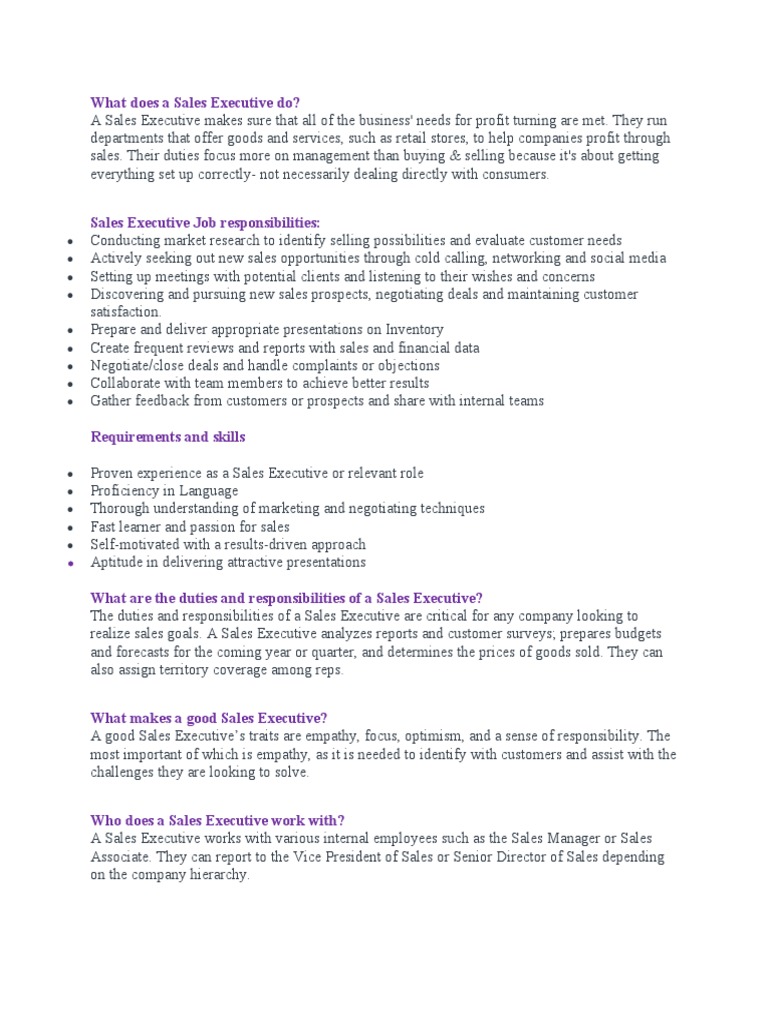 Duties & Responsibilities of a Sales Executive | PDF