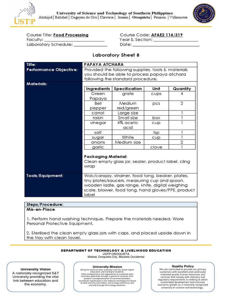 Lab Sheet 8 Papaya Atchara | PDF | Packaging And Labeling ...
