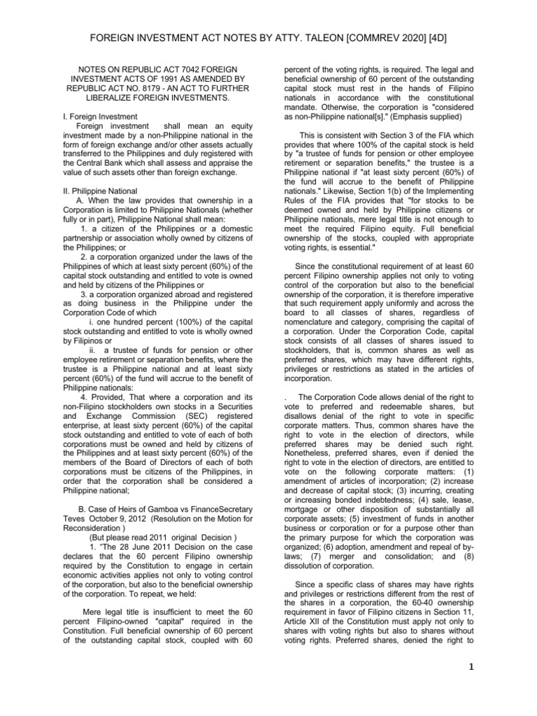 FOREIGN INVESTMENT ACT - Notes (SBU) | PDF | Stocks | Corporations