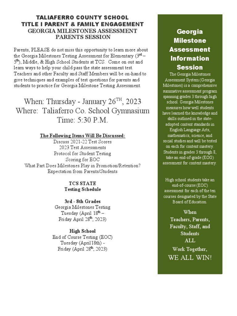 Georgia Milestones Parent Info Session | PDF | Educational Assessment ...