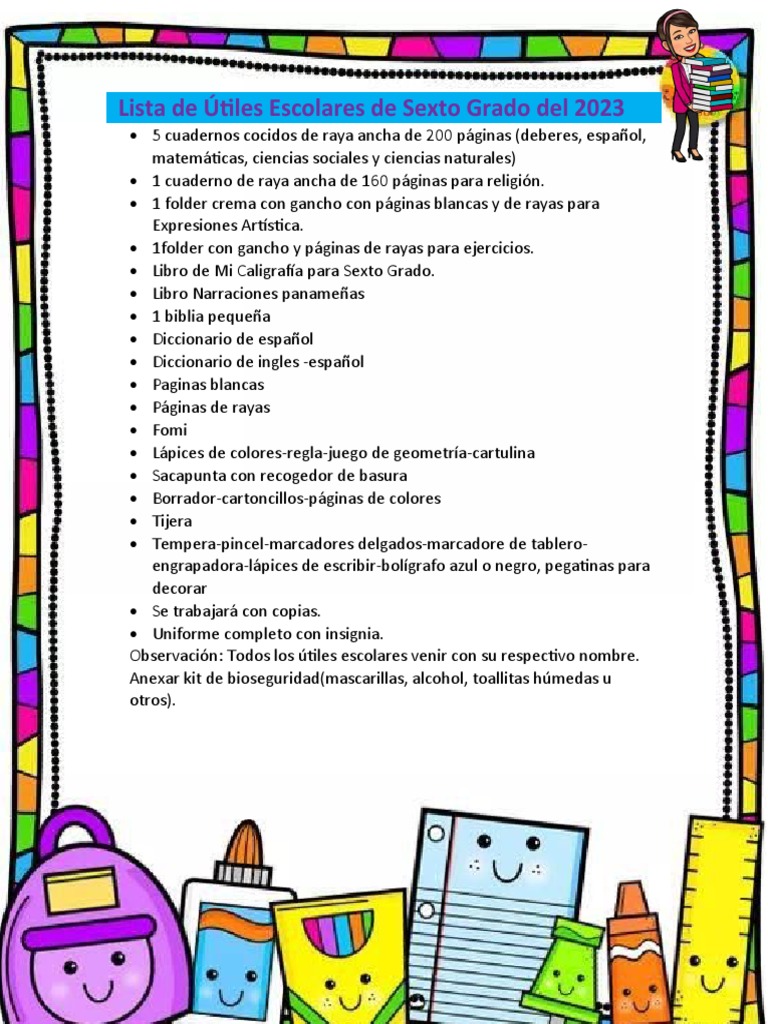 Lista de Útiles Escolares de Sexto Grado Del 2023 PDF