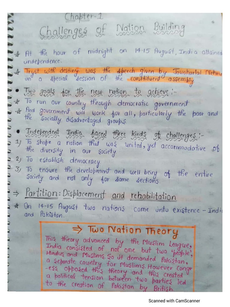 Ch 1 challenges of nation building notes pdf