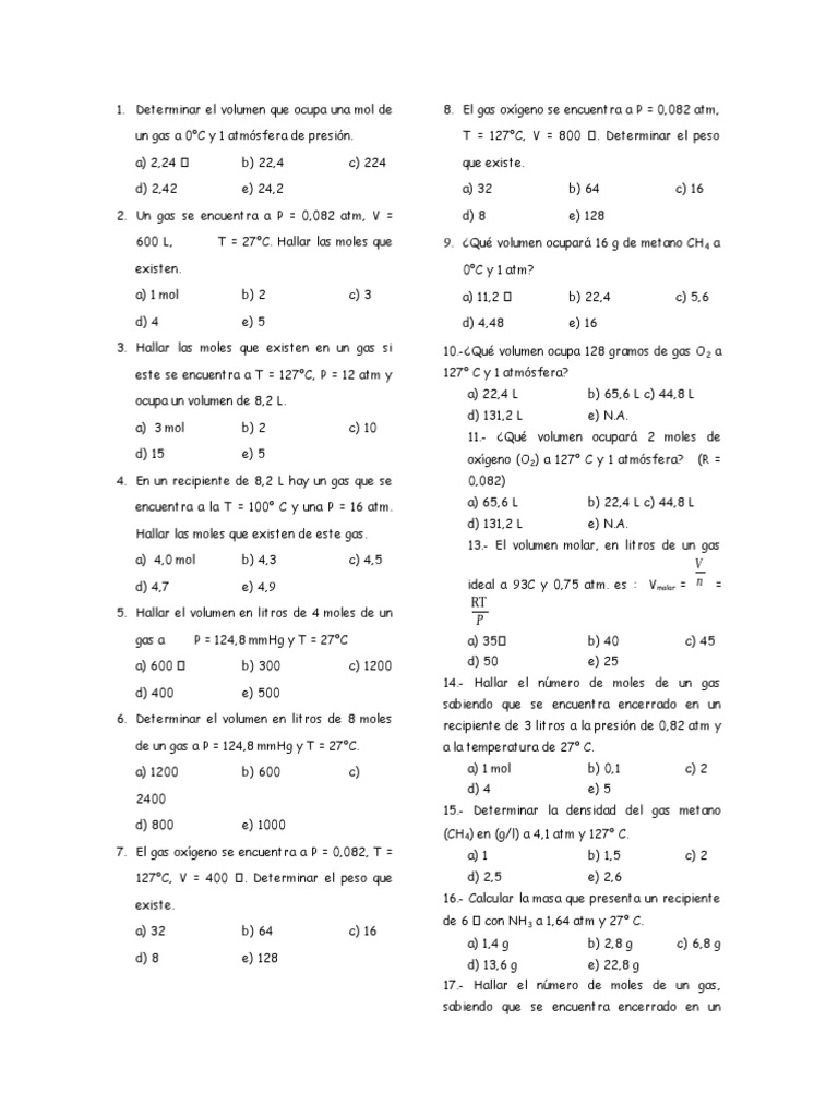 Volumen y moles de gases ideales | PDF | Gases | Mole (Unidad)