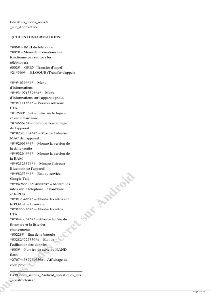 Codes secrets Android essentiels | PDF | Électronique grand public ...