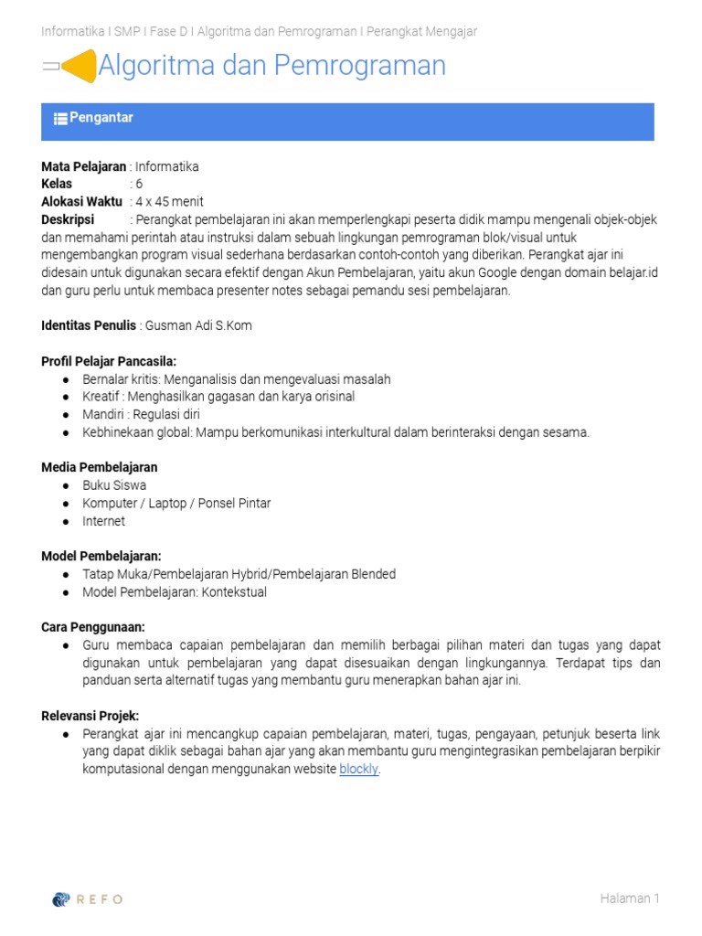 Informatika - Bahan Ajar - SMP 8 - Fase D - Algoritma Dan Pemrograman | PDF
