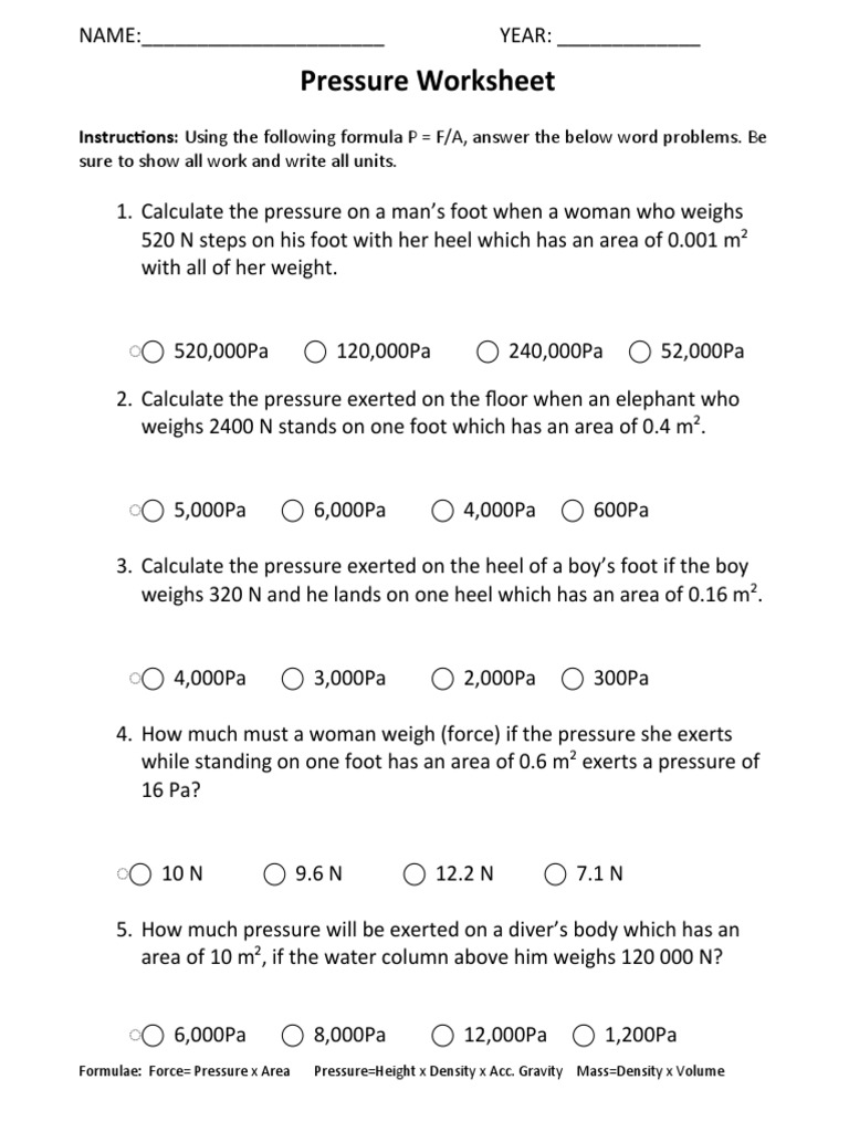 Pressure Calculation Worksheet | PDF | Pressure | Weight