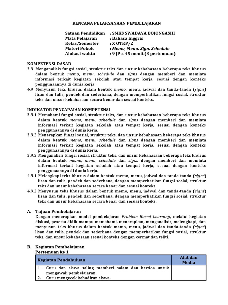RPP 3.9 - Memo, Menu, Sign, Schedule | PDF