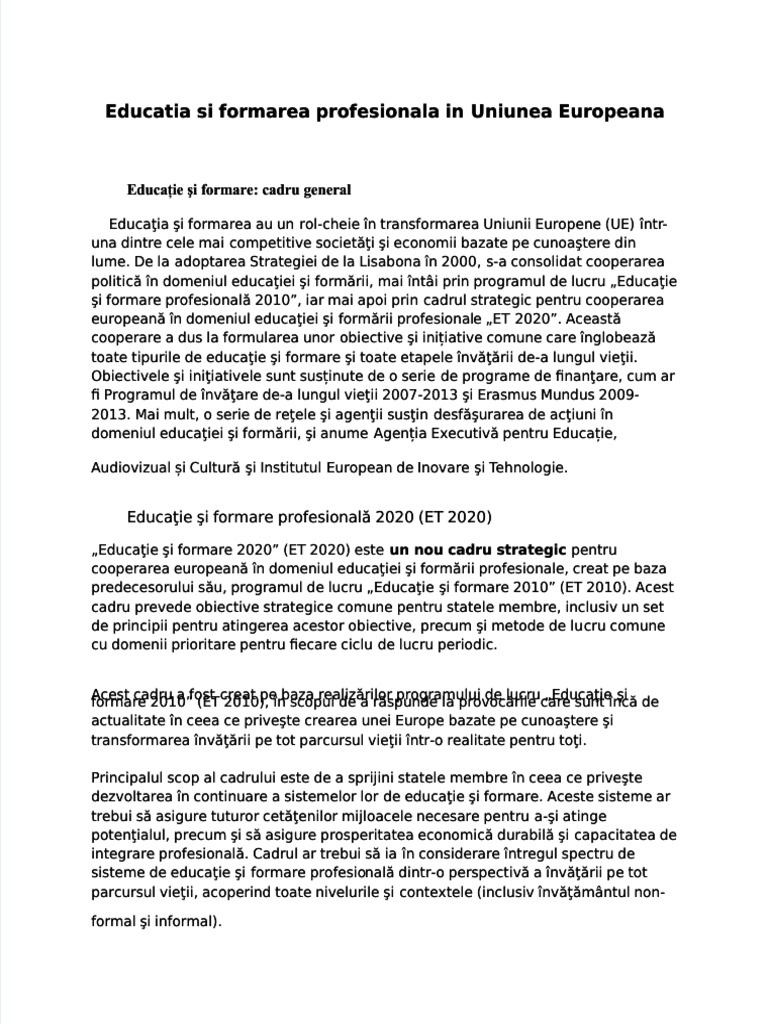 PDF Educatia Si Formarea Profesionala in Uniunea Europeana Compress | PDF