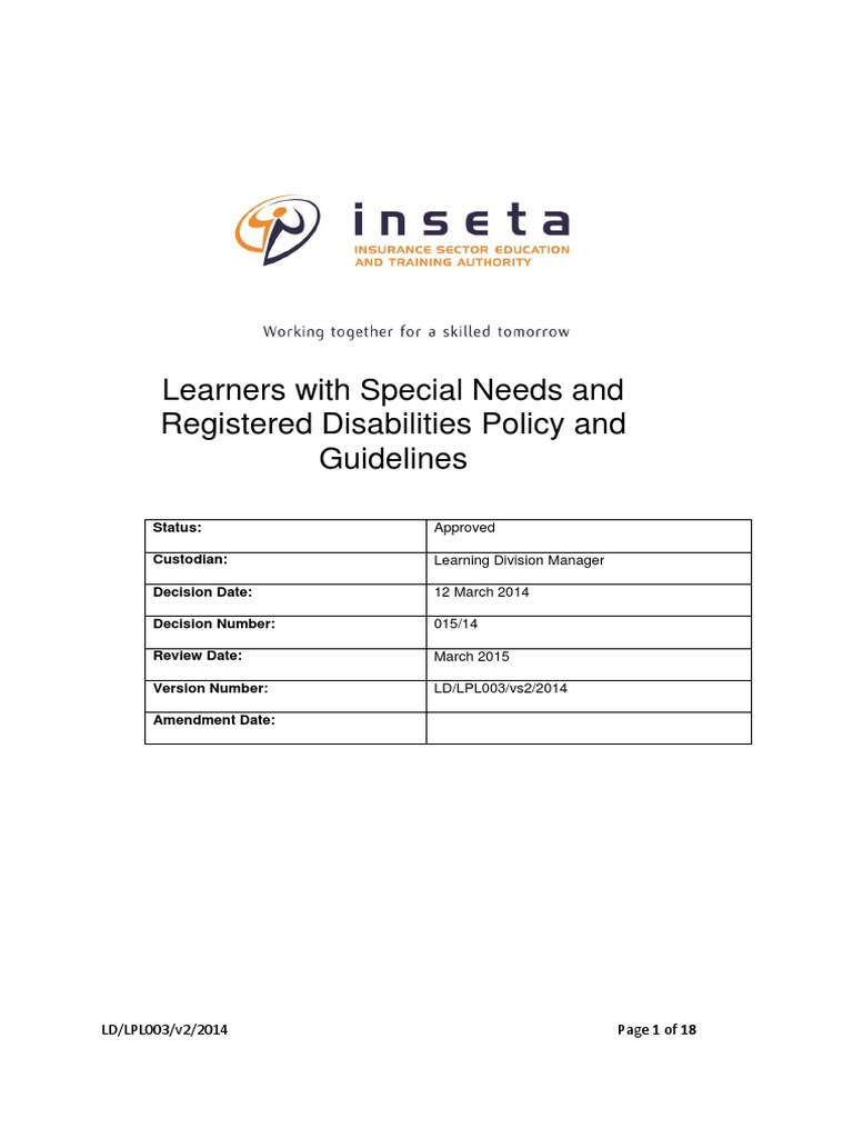 LPL003 Special Needs Policy and Guidelines 2014 PDF Learning