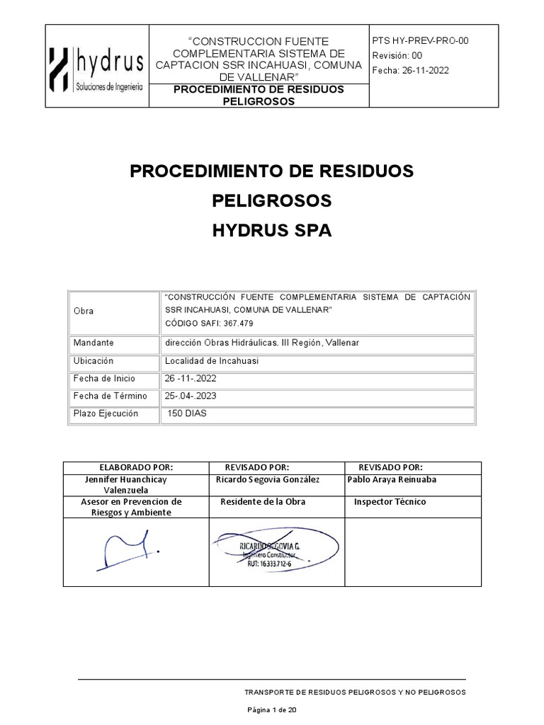 Procedimiento de Residuos Peligrosos Vallenar | PDF | Residuos | Naturaleza