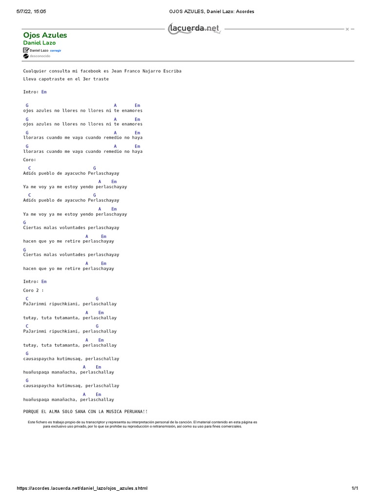 OJOS AZULES, Daniel Lazo Acordes PDF