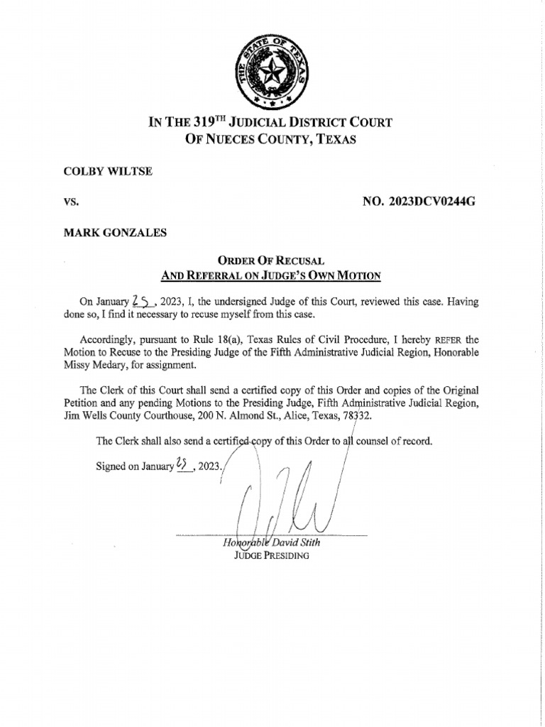 319th District Court Judge David Stitch Order of Recusal | PDF