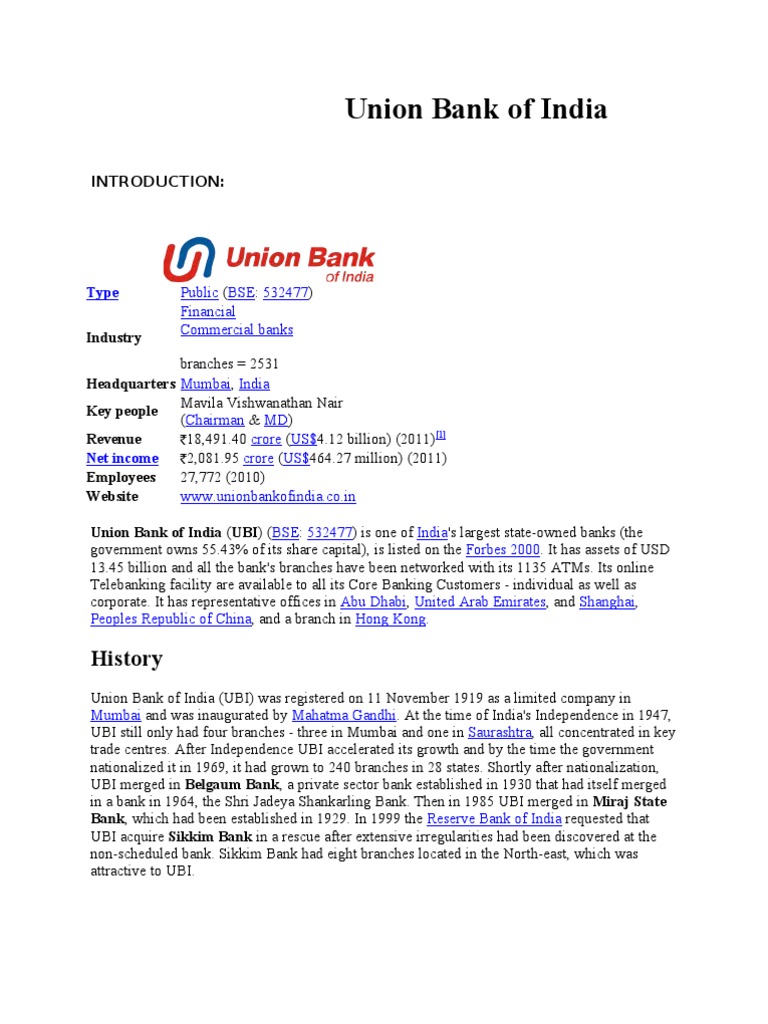 Union Bank Of India Economies Banking