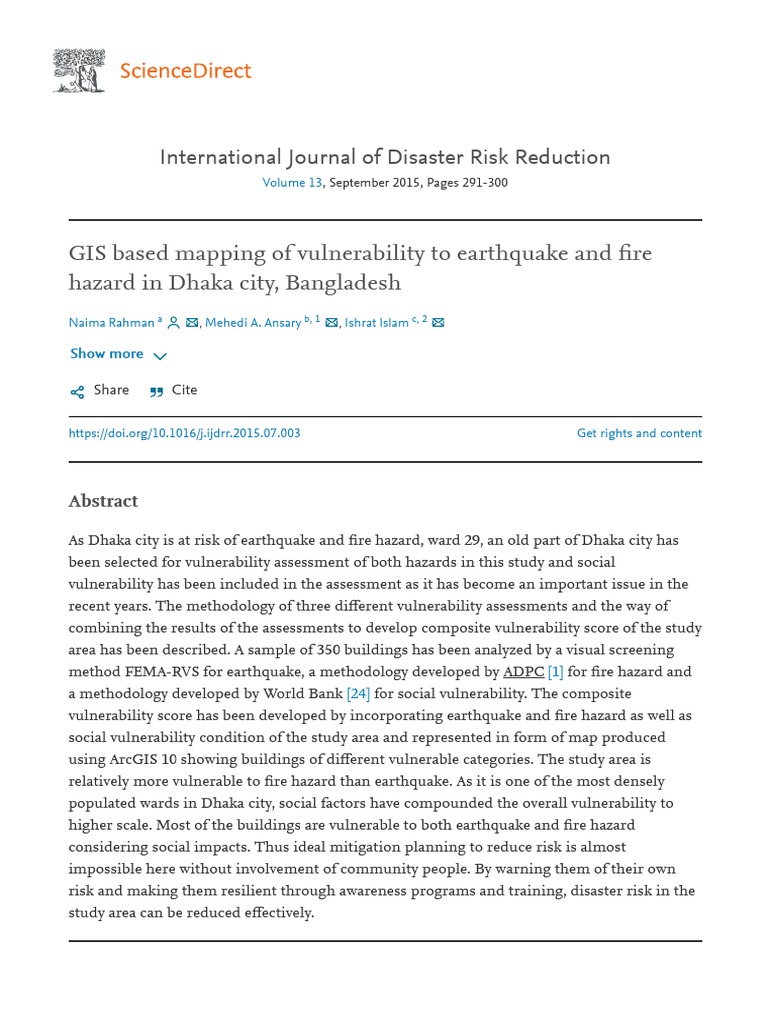 GIS Based Mapping of Vulnerability To Earthquake and Fire Hazard in