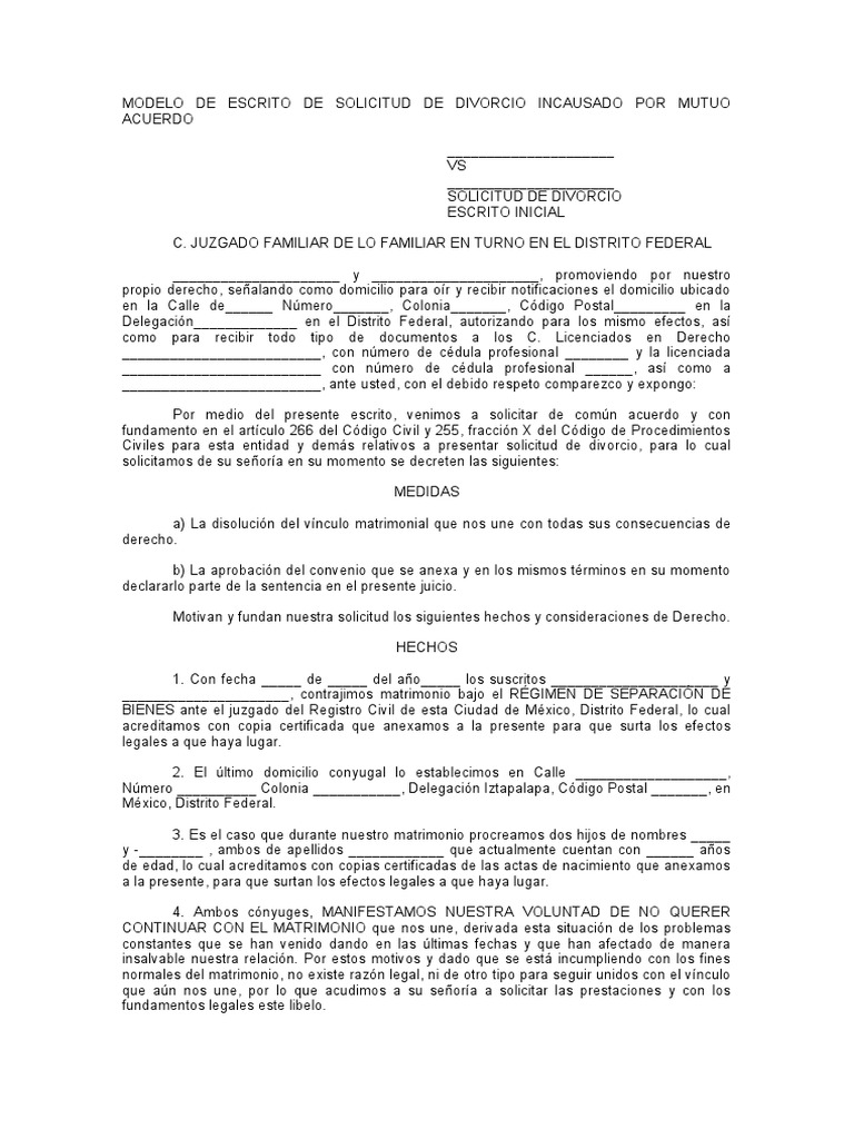 Modelo de Escrito de Solicitud de Divorcio Incausado Por Mutuo Acuerdo