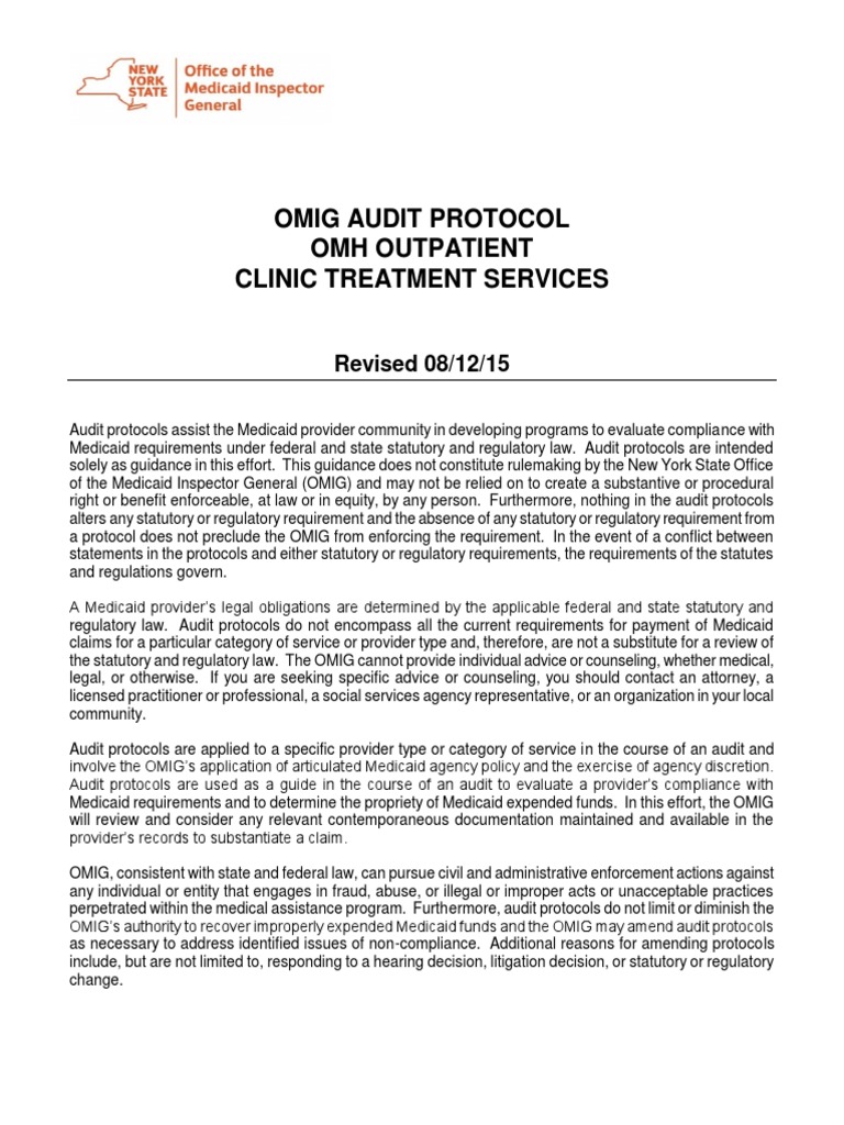 OMIG Audit Protocol for Outpatient Services | PDF | Medicaid | Audit