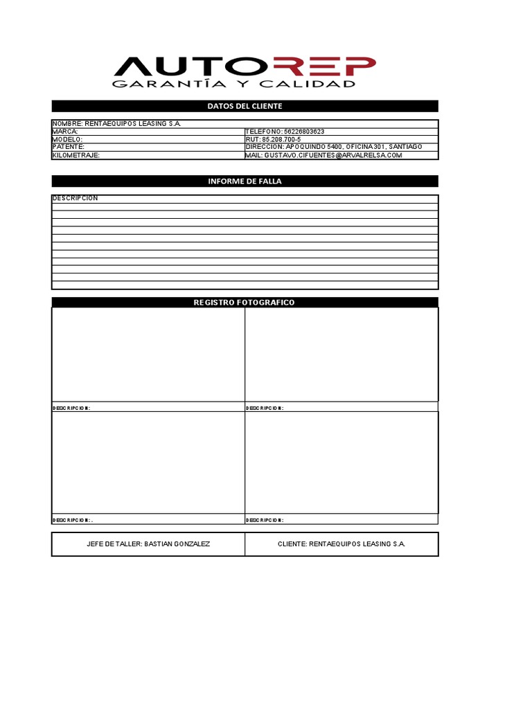 Equipment Inspection Report For Rentaequipos Leasing S A Including