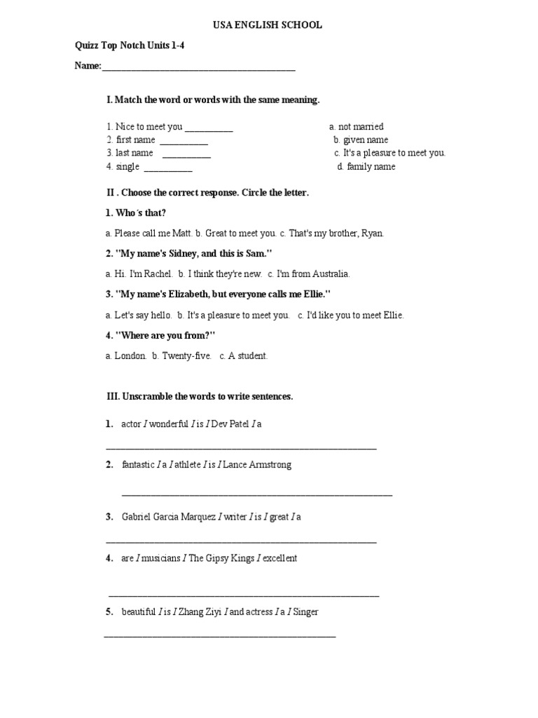 Examen Top Notch 1 Units 1-4 | PDF