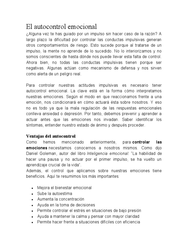 Estrategias de Autocontrol Emocional | PDF | Las emociones ...