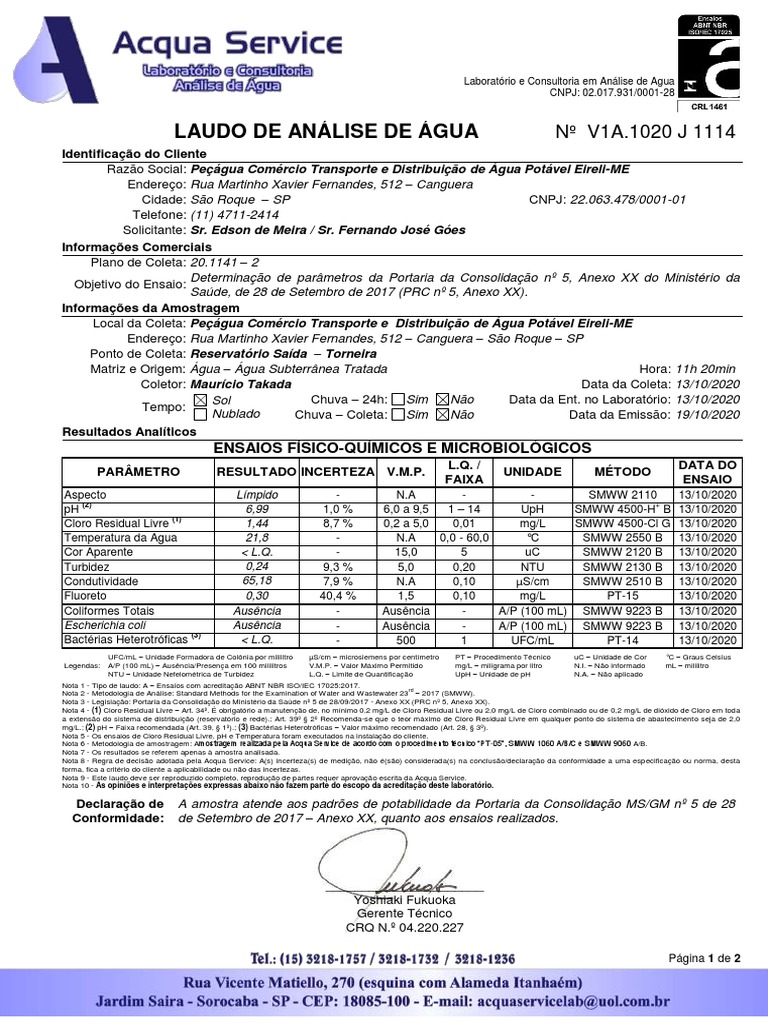 Laudo de Análise de Água Potável | PDF | Química | Ciências Físicas