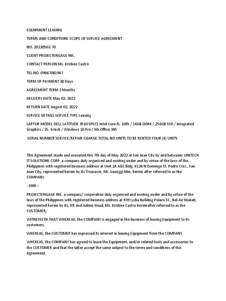 Equipment Leasing PDF Deposit Account Invoice