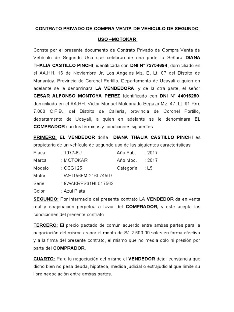 Contrato Privado de Compra Venta de Vehiculo de Segundo | PDF | Derecho ...