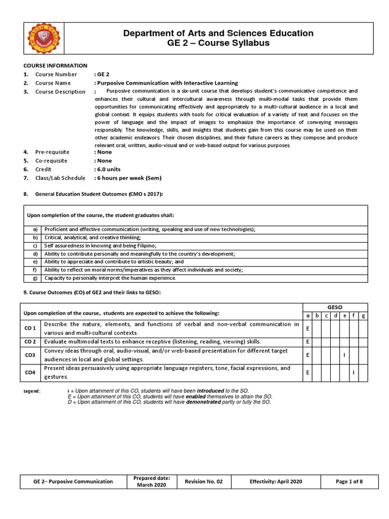 GE 2 Course Syllabus 2020 | PDF | Communication | Test (Assessment)