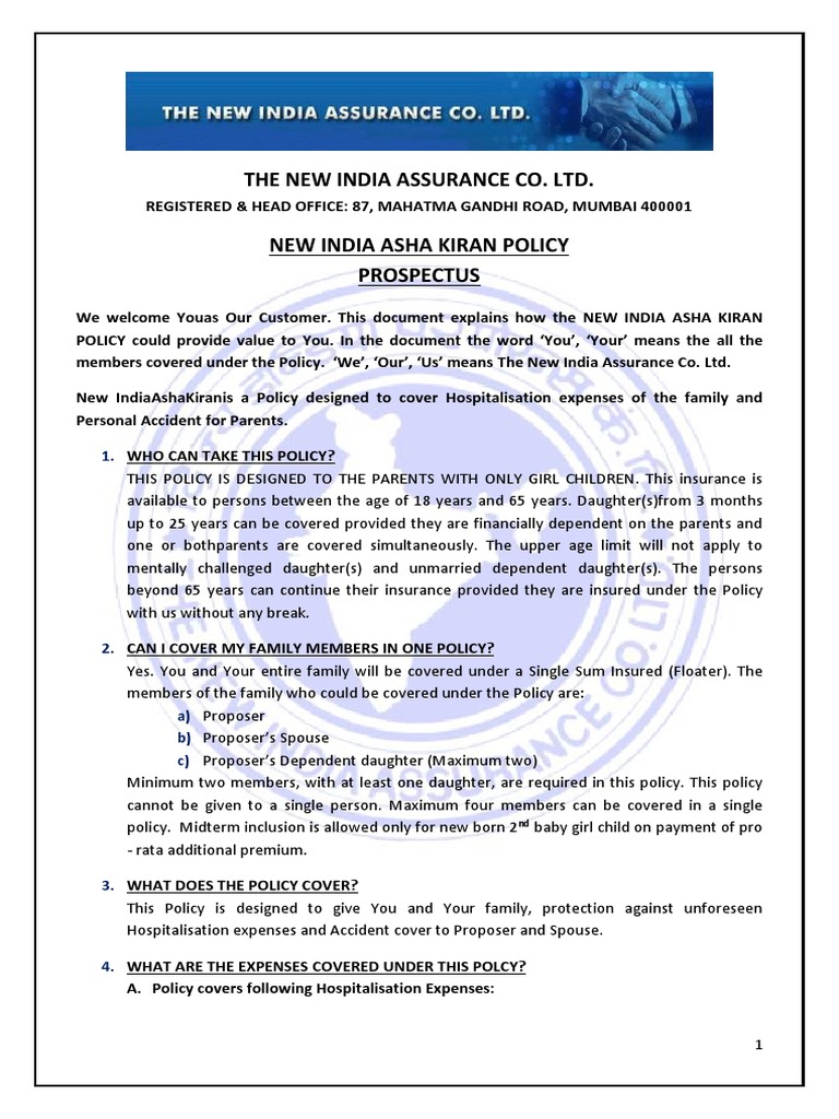 Prospectus New India Asha Kiran Policy PDF Insurance Hospital