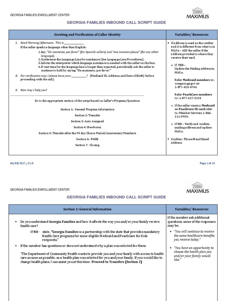 Georgia Families Inbound Call Script | PDF | Medicaid | Health Policy