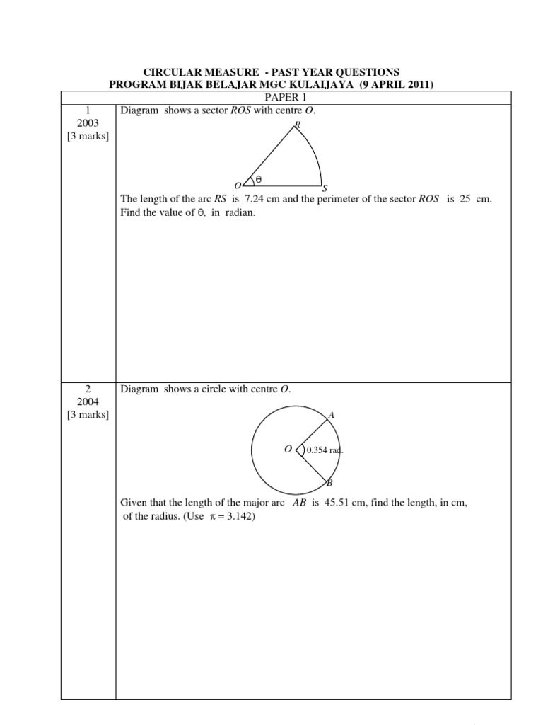 Circular Measure Past Year Questions | PDF | Trigonometry | Geometric ...