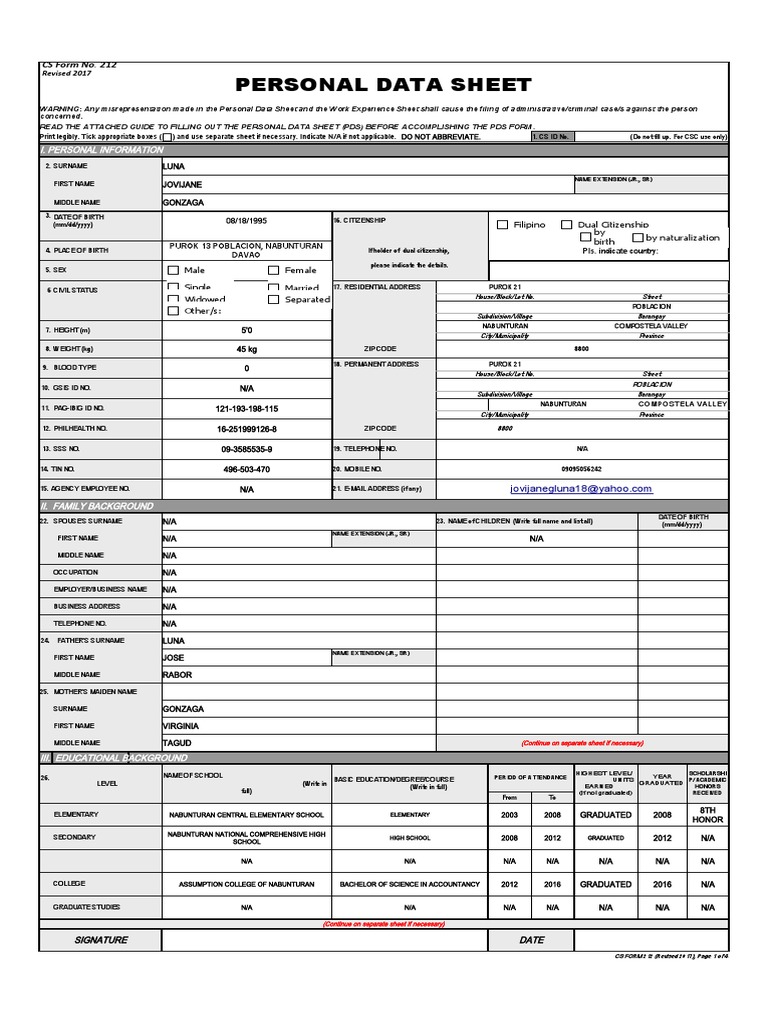 CS Form No. 212 - Personal Data Sheet (With Sample Data) | PDF | Crimes ...