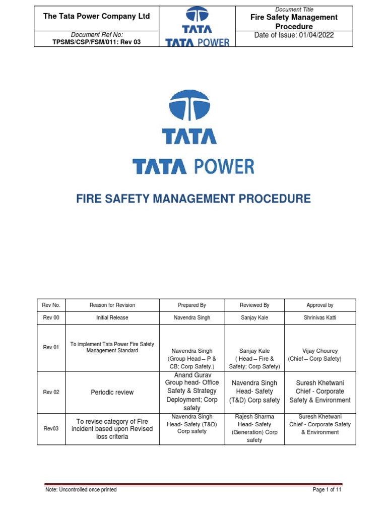 11 Tata Power Fire Safety Management Procedure PDF Fires Combustion