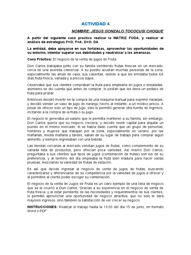 Matriz FODA para Venta de Jugos | PDF | Análisis FODA | Business