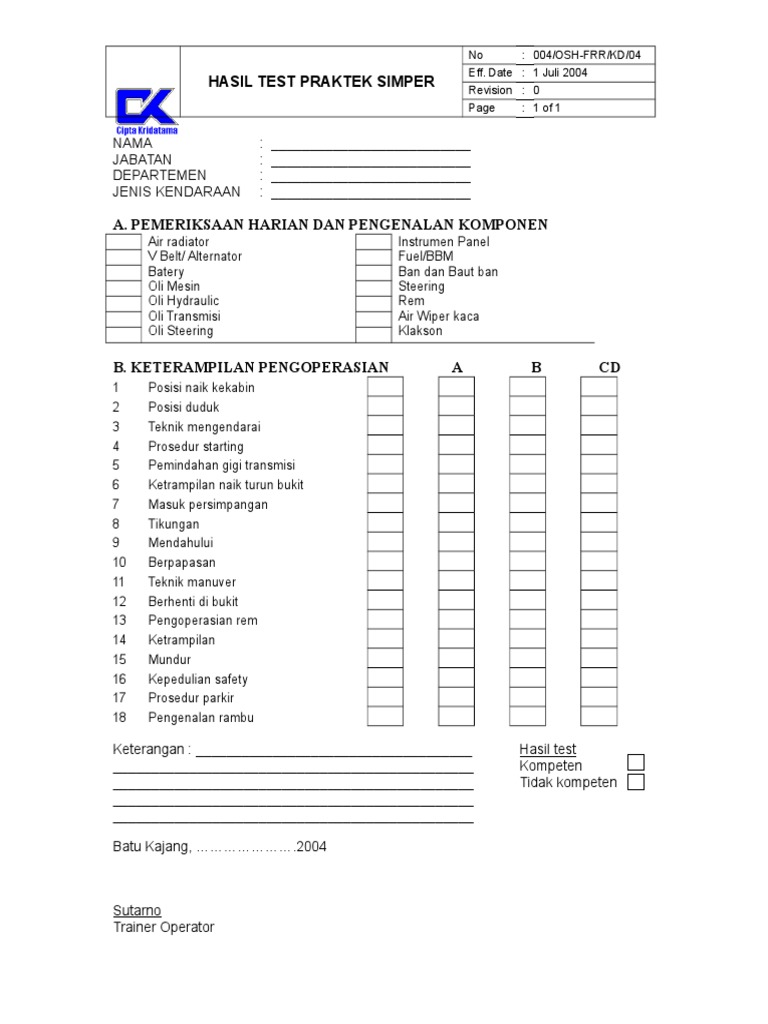 Contoh Simper Driver Test Report | PDF
