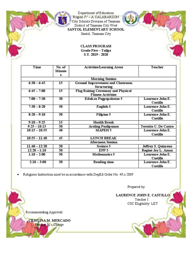 Santol Elementary Class Program 2019-2020 | PDF | Teachers | Classroom