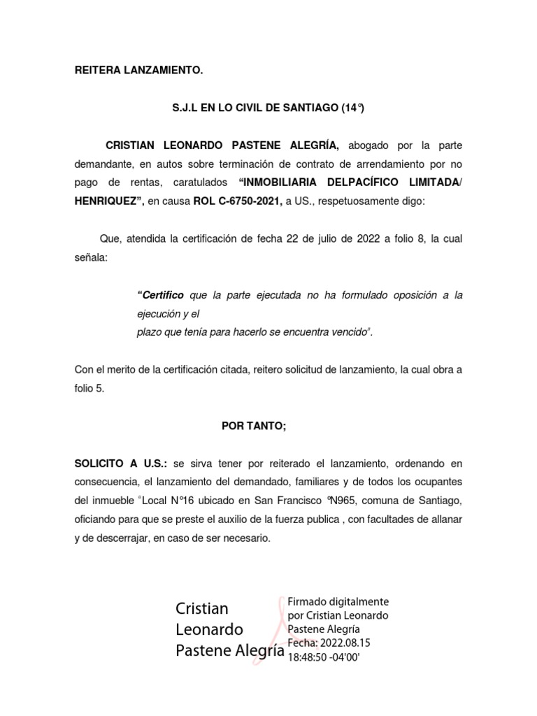 Reiteración de Lanzamiento Judicial | PDF