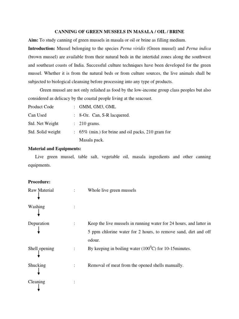 Practical 14CANNING OF GREEN MUSSELS IN MASALA PDF Mussel Salt